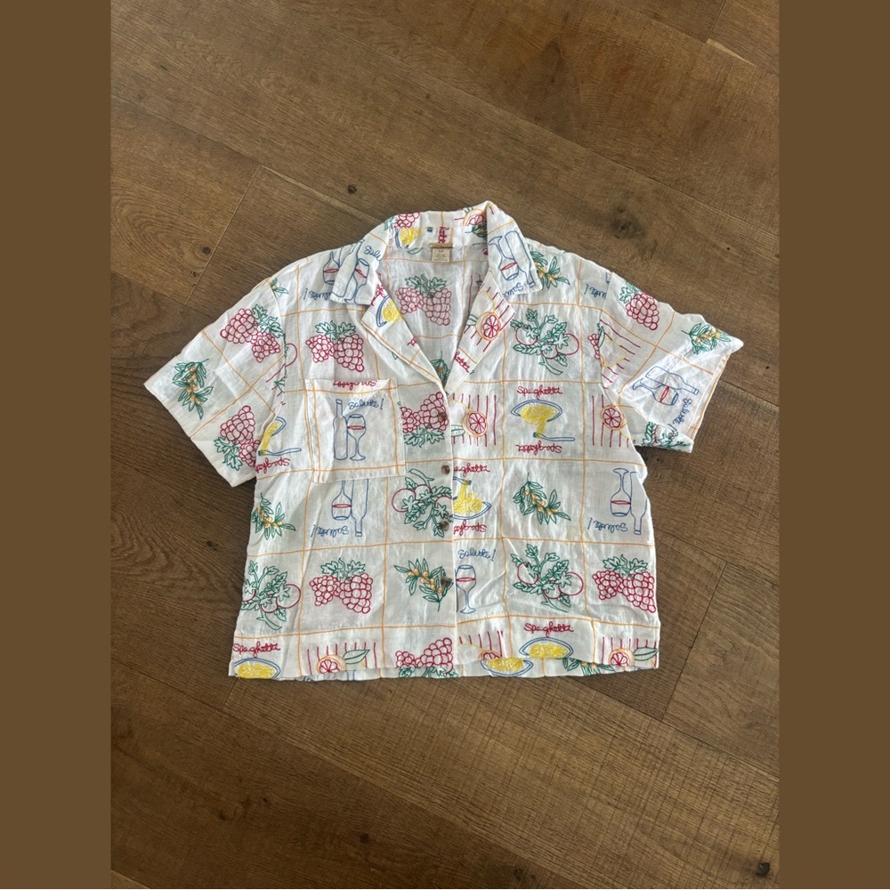 magaschoni 100% linen food collared button down shirt
